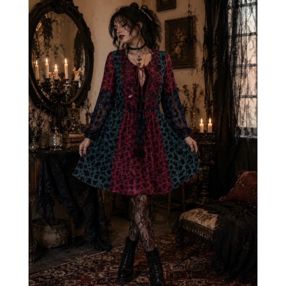 Matilda Jane Whimsigoth Indie folk Patchwork Floral Velvet Trim‎ Dress Boho M